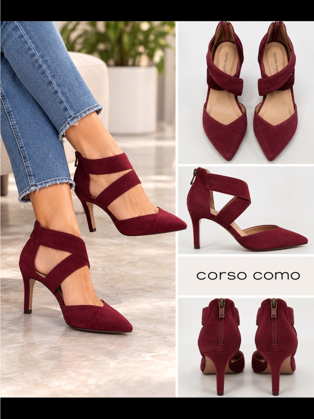Corso Como Women's Burgundy Suede Crisscross Pointed-Toe Heels